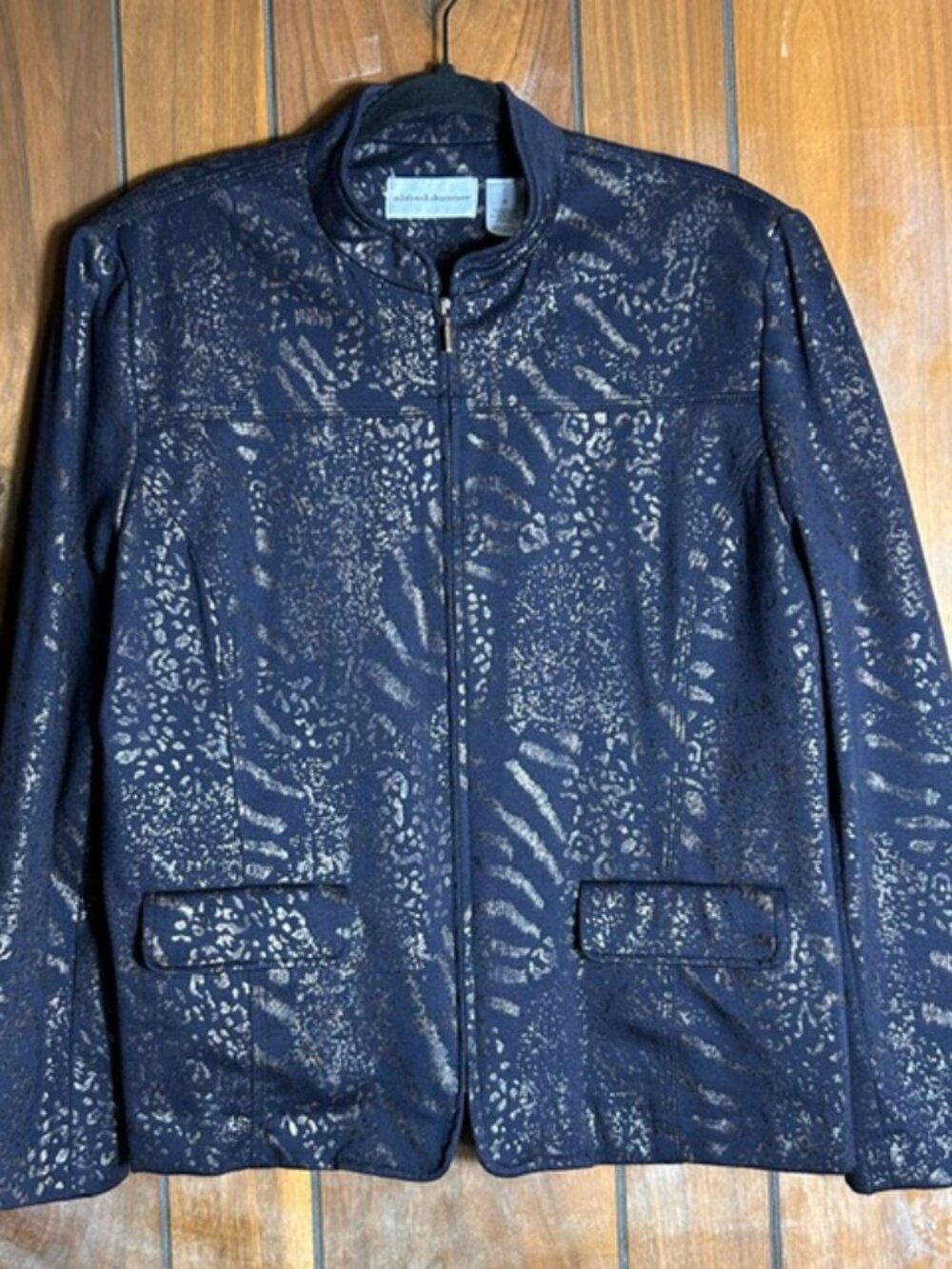 Alfred Dunner Full Zip Jacket Womens Sz 16 Dark Blue w/ Metallic Animal Print